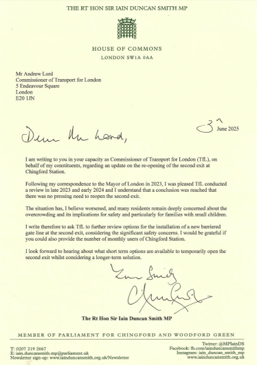 Iain Duncan smith letter to Commissioner for Transport for London, Andrew Lord